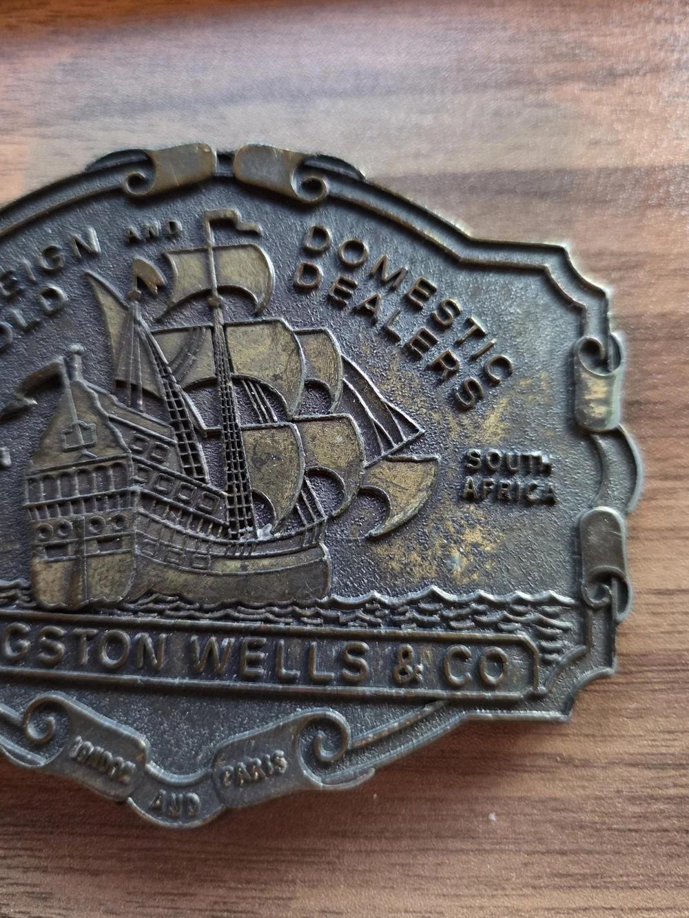 Vtg Livingston Wells & Co Gold Domestic Dealers Pirate Ship Belt Buckle London